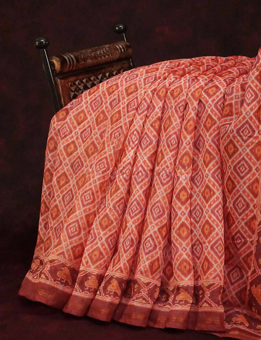 Peachish Orange Diamond Printed Semi Chanderi Grab2Buy By Gayathri Reddy Designer Studio