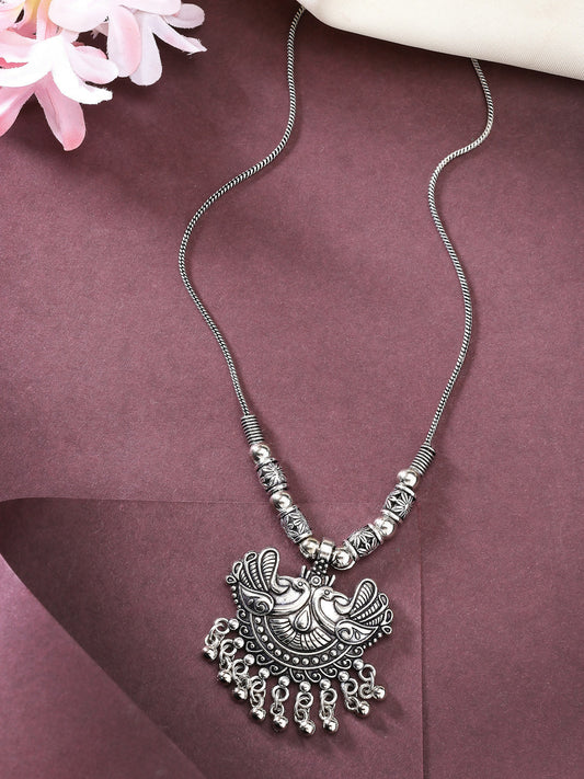 NVR Women's Silver-Toned Peacock Design Pendant with Chain
