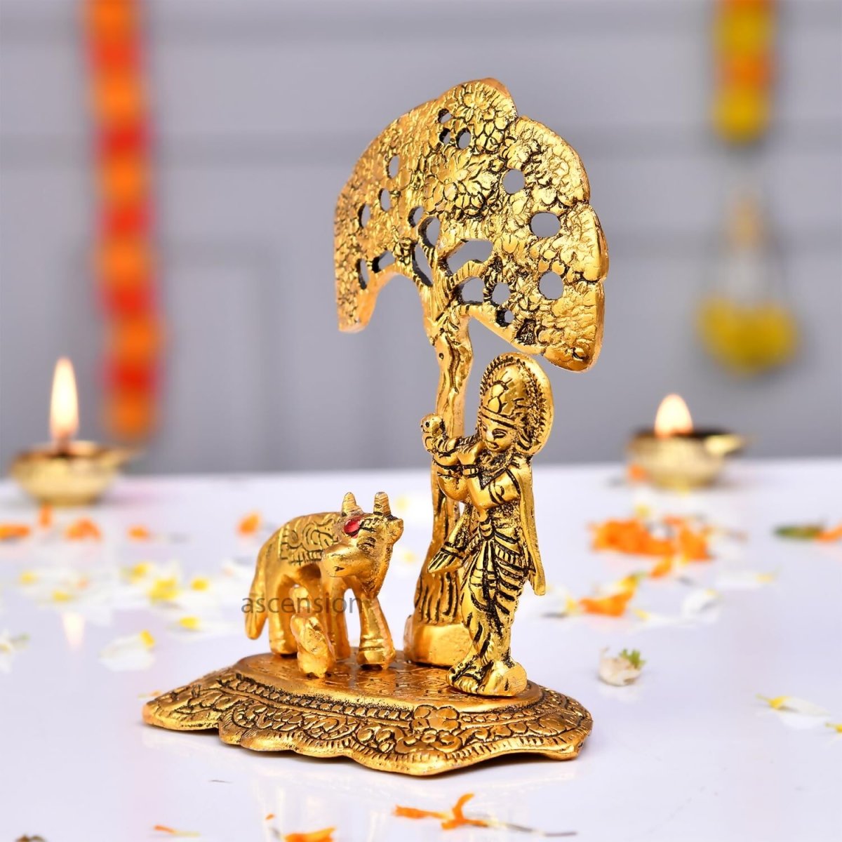 Ascension Designer Metal Cow Calf and Krishna Idol - Grab2buy