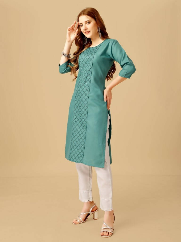 Aastha Fashion Women's Teal Cotton Blend Embroidered Kurta Pant Set - Grab2buy