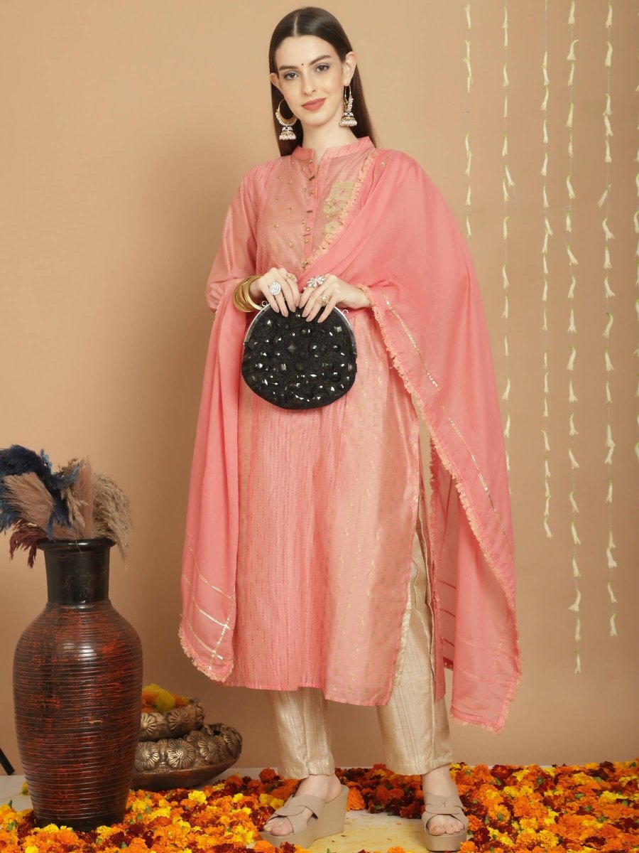 Aastha Fashion Women's Peach Chanderi Silk Elegant Jardoshi Semi Kurta with Trouser & Dupatta - Grab2buy