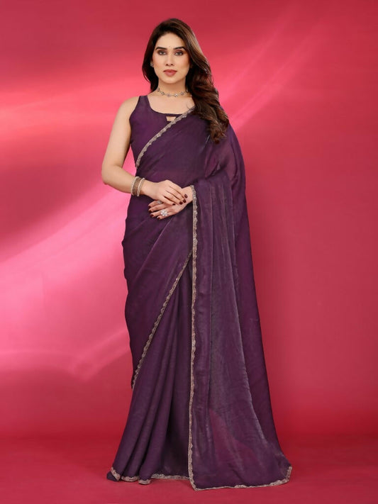 PR Fashion Wine Jimmy Choo Fabric Palin With Work Lace Saree