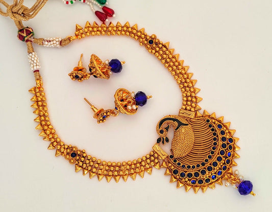 Blue Kemp Peacock Necklace Set Grab2Buy Mokshi Collections Grab2Buy