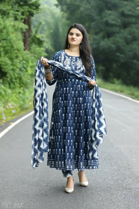 Alvano Anarkali Kurti with Pant and Dupatta set for Women and Girls Printed Cotton (Blue)