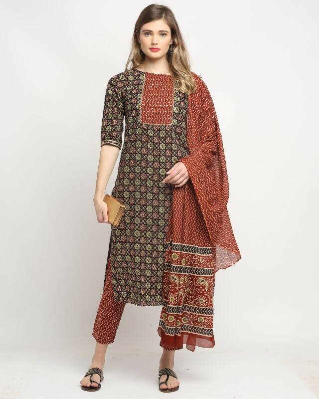 Aastha Fashion Women's Multicolor Cotton Printed Kurta with Trouser & Dupatta - Grab2buy