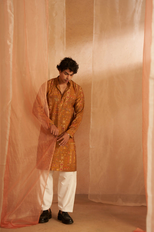 Brownish Yellow Modal Silk Designer Printed Men's Kurta Set - Mahotsav