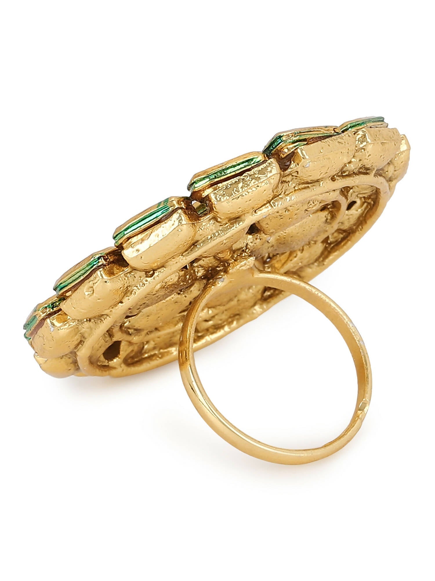 Gold-Plated White Kundan Studded Adjustable Finger Ring - Ruby Raang - Grab2buy