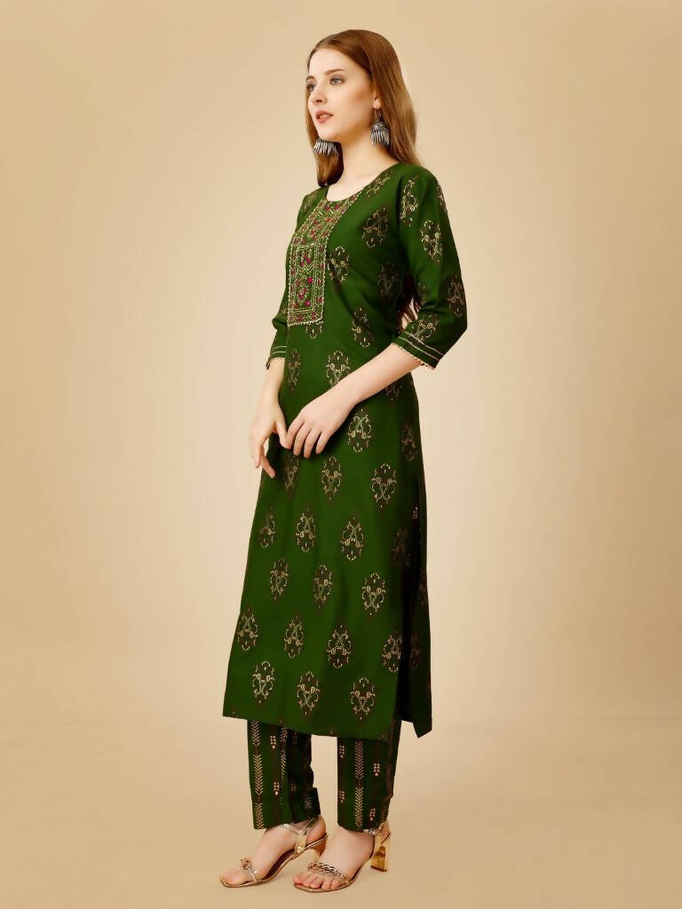 Aastha Fashion Women's Green Viscose Rayon Embroidered Kurta Pant Set - Grab2buy
