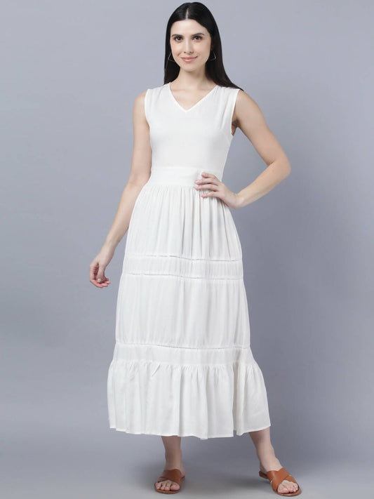 Myshka Women White Solid Maxi Dress