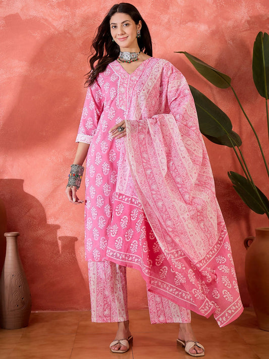 Joban Fashion Printed Pink Pure Cotton Kurta Set