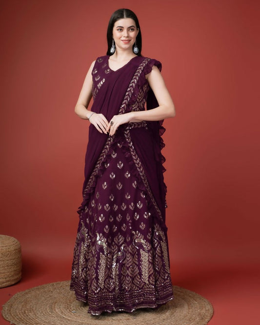 Purple Georgette Sequence Embroidered Lehenga Choli with Dupatta - Tanya