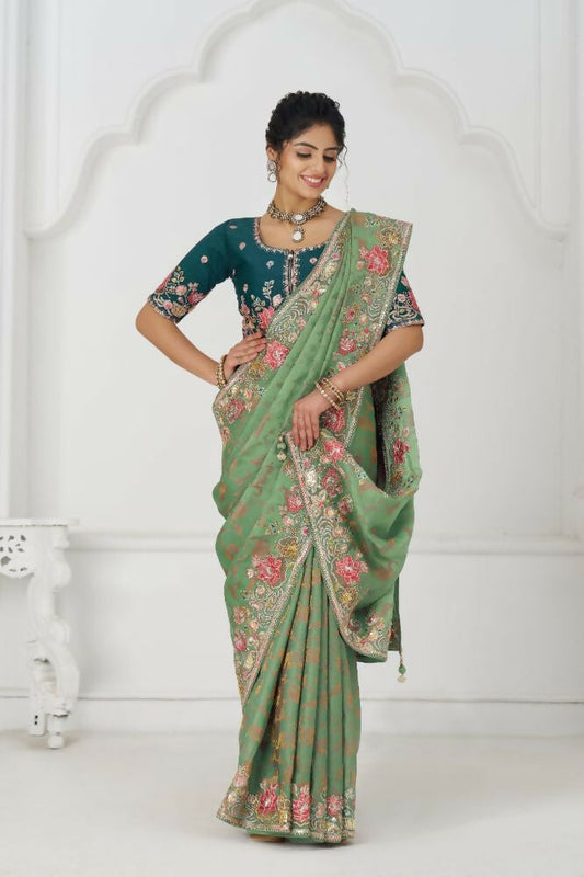 Kesar Fab Green Net Embroidered Lehenga
