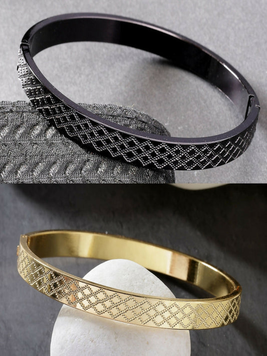 NVR Men's Set of 2 Gold & Black Rhodium-Plated Stainless Steel Kada Bracelet