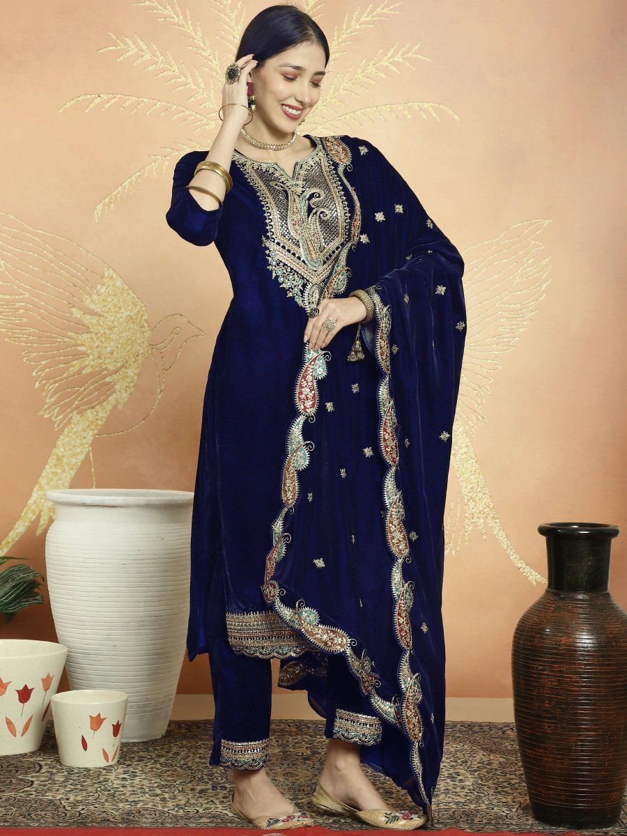 Aastha Fashion Women's Navy Blue Velvet Cording with Resham Thread & Sequin Kurta with Trouser & Dupatta - Grab2buy