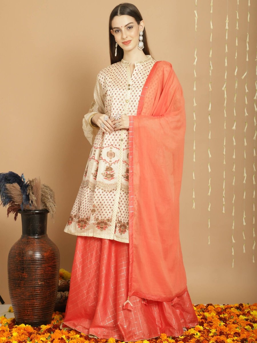 Aastha Fashion Women's Cream Chanderi Silk Elegant Jardoshi Semi Kurta with Trouser & Dupatta - Grab2buy