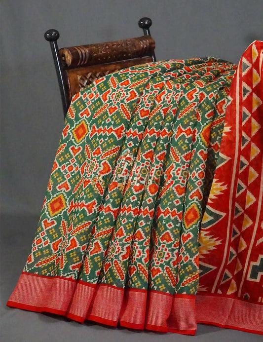 Combo of Parrot Green and Red Patola Print Semi Chanderi Saree By Gayathri Reddy Designer Studio | Grab2Buy