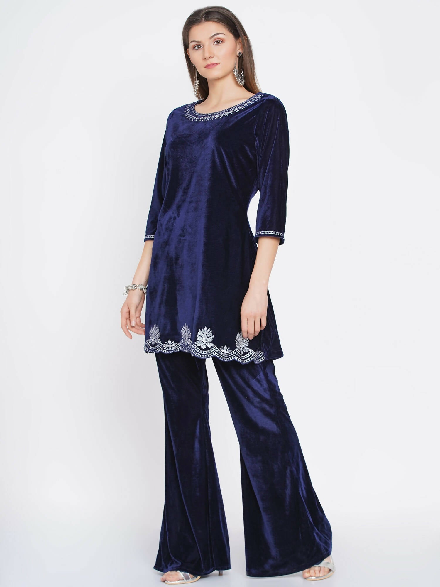 Women Republic Navy Blue Velvet Embroidered Kurta With Bellbottom Pants - Grab2buy