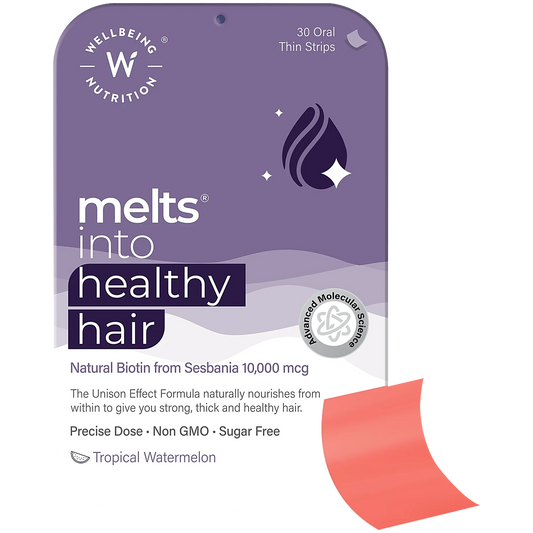 Wellbeing Nutrition Melts into Healthy Hair Biotin 10,000mcg Tropical Watermelon Disintegrating Strip Sugar Free Grab2Buy Wellbeing Nutrition Grab2Buy