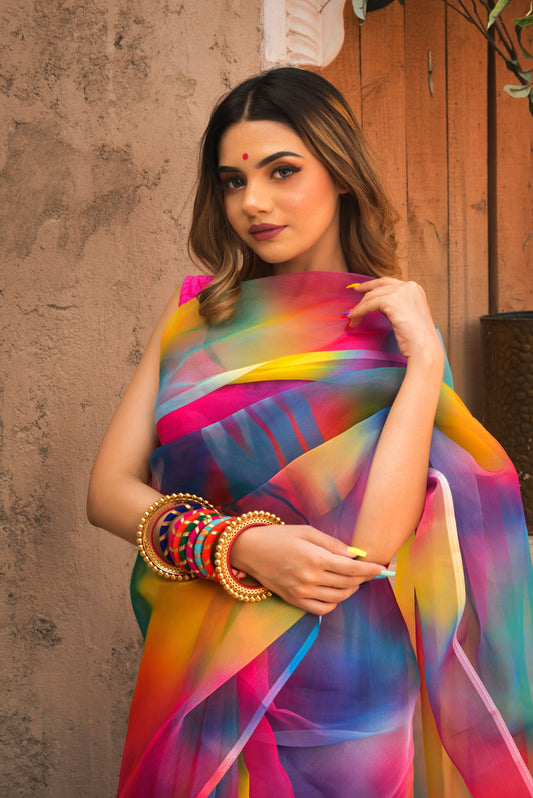 Pomcha Jaipur Rainbow Organza Printed Saree - Grab2buy