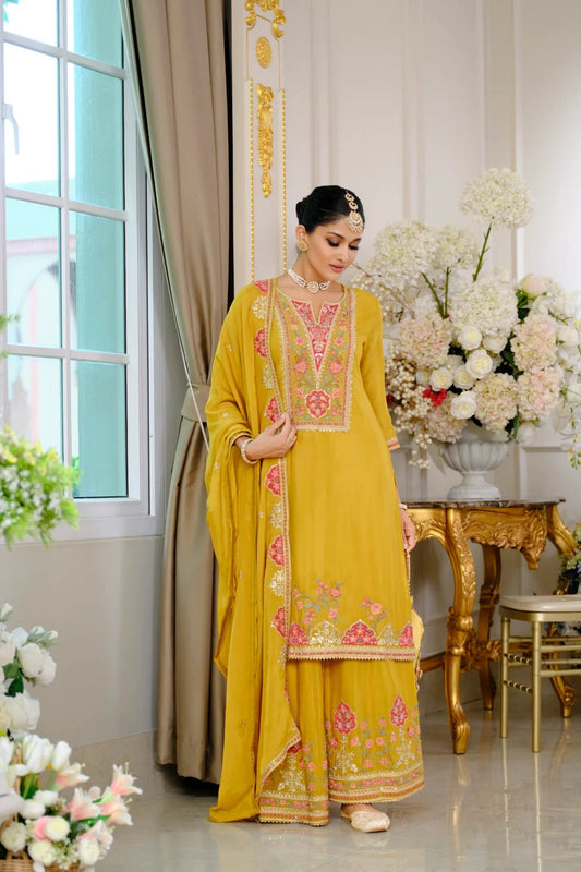 Evanik Luxury Wedding Yellow Embroidered Kurta Palazzo Set