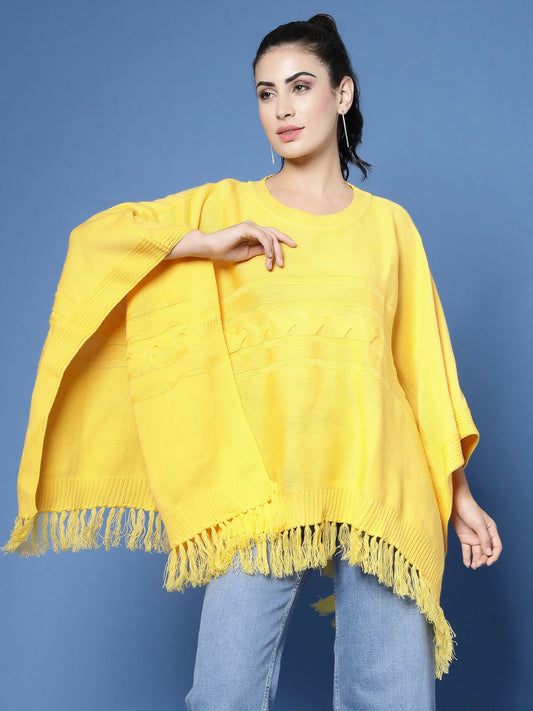 Women Yellow Acrylic Self Design Poncho - Wool Trees