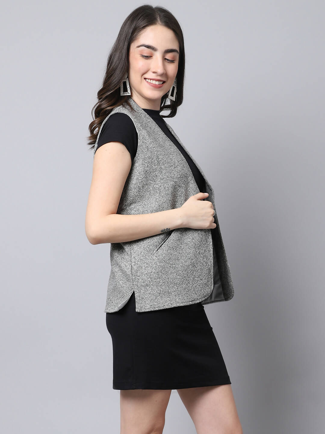 Even Apparels Grey Pure Wool Open Front Women's Waistcoat - Grab2buy
