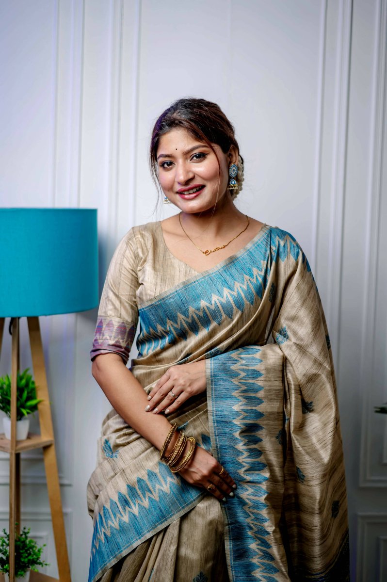 Aastha Fashion Blue Thread Woven Handloom Tussar Silk Saree with Blouse - Grab2buy