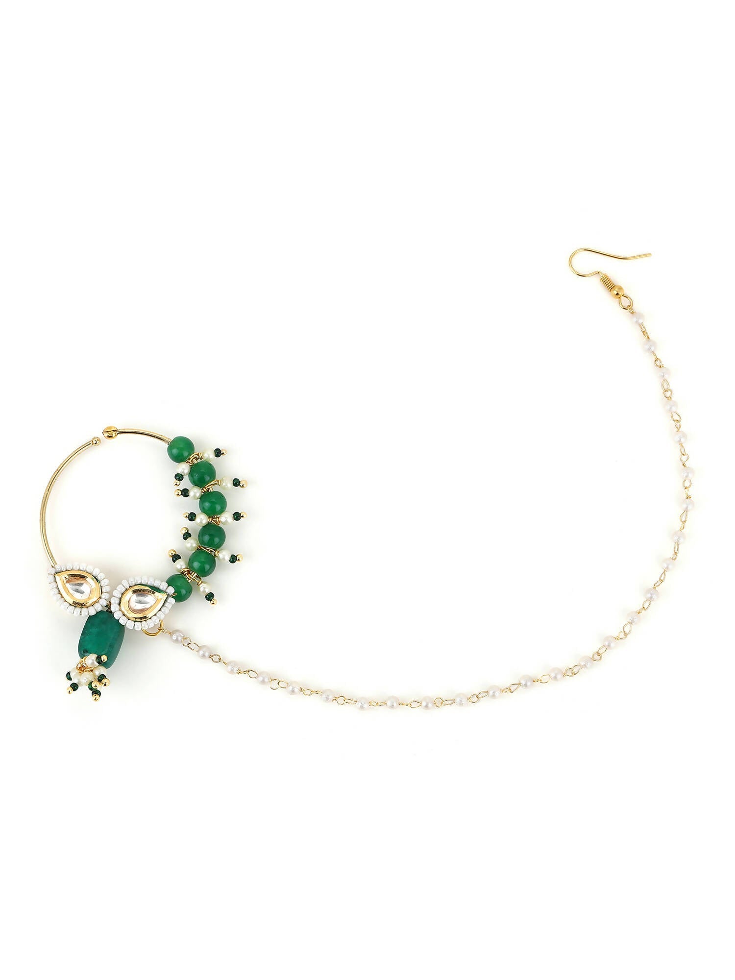 Gold Plated White Green Kundan Studded Beaded Chain Nose Pin - Ruby Raang - Grab2buy