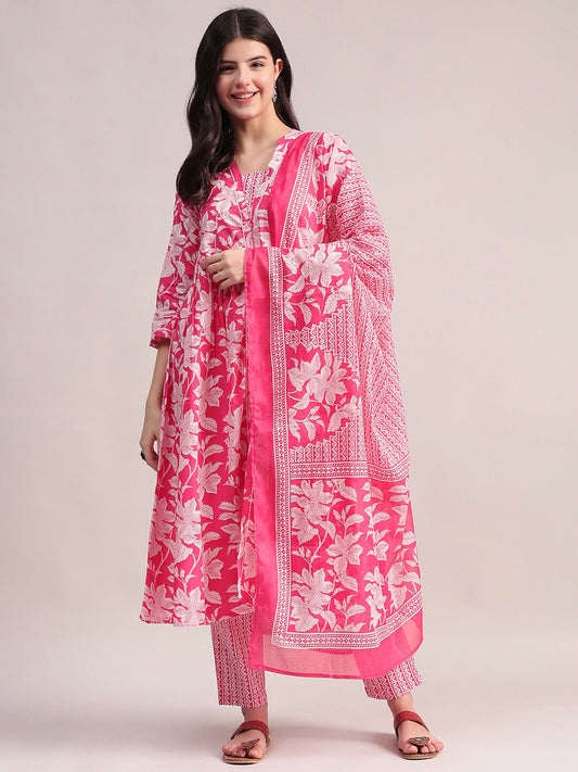 Aavyora Women's Pink Floral Cotton Kurta with Lace Detailing, with Trouser & Dupatta