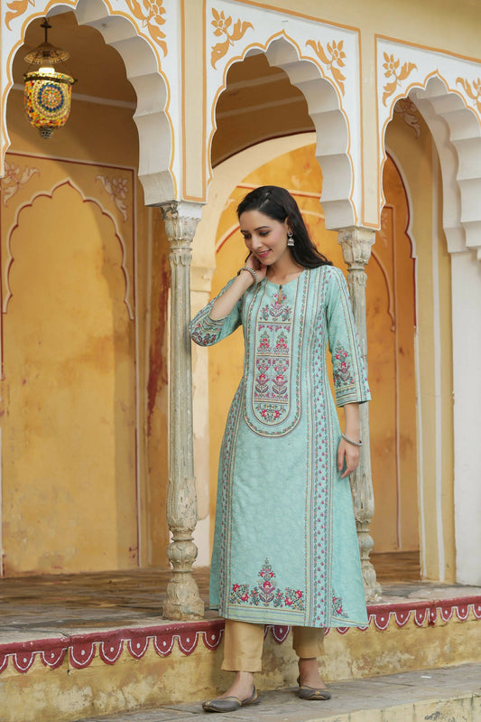 Juniper Women's Sky Blue Rayon Staple Printed A-Line Kurta