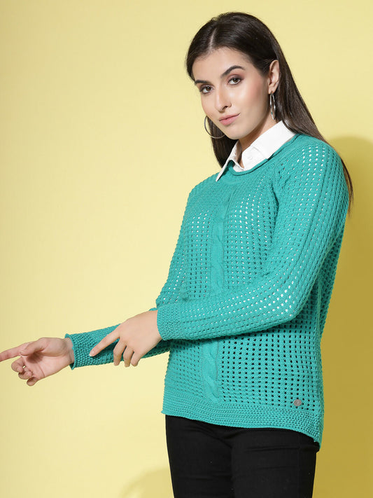 Women Pointelle Green Acrylic Winter Sweater - Wool Trees