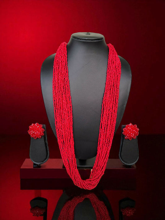 Inhanns Rangsaaz 20-Layer Luxe Long Beaded Necklace (With Optional Statement Earrings) - Red With Earring