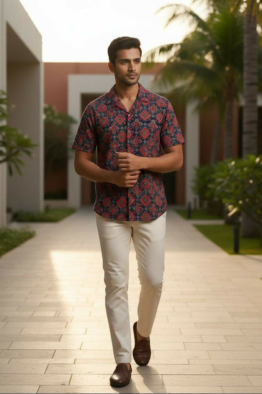 Durbar — Red Ajrakh Cotton Shirt by Hilo Design