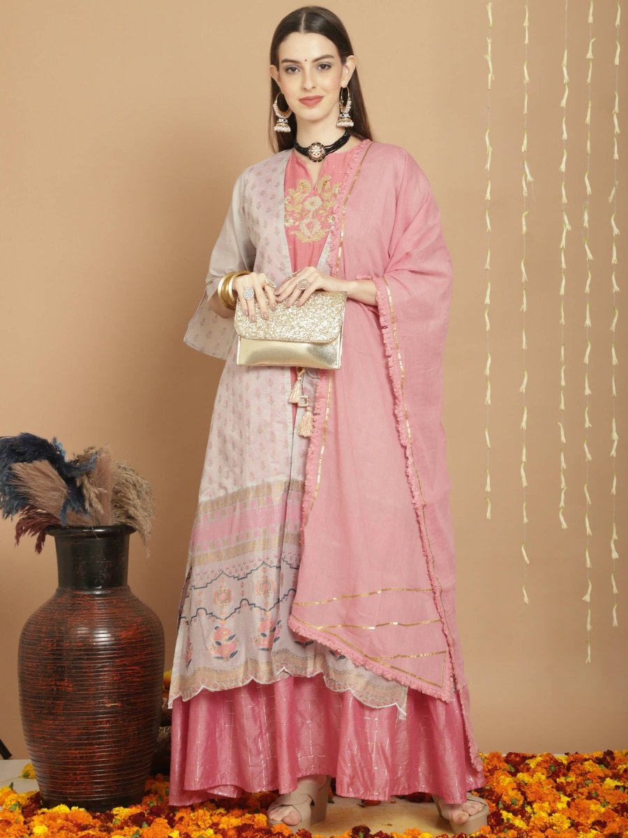 Aastha Fashion Women's Grey Chanderi Silk Elegant Jardoshi Semi Kurta with Trouser & Dupatta - Grab2buy