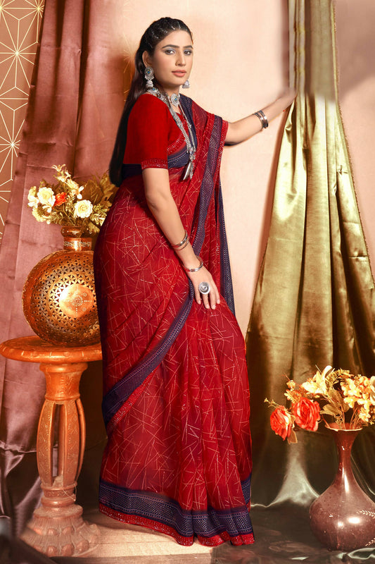 Red Chiffon Abstract Printed Saree With Unstitched Blouse Piece - Rajal