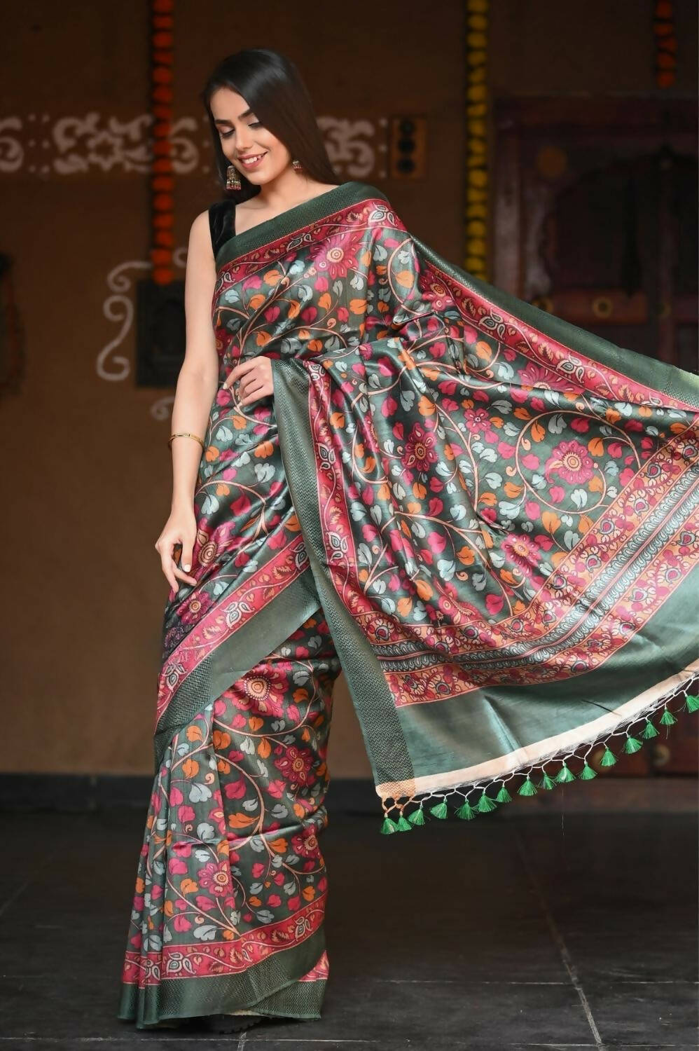 Very Much Indian Handloom Pure Tussar Silk With Floral Prints - Green - Grab2buy