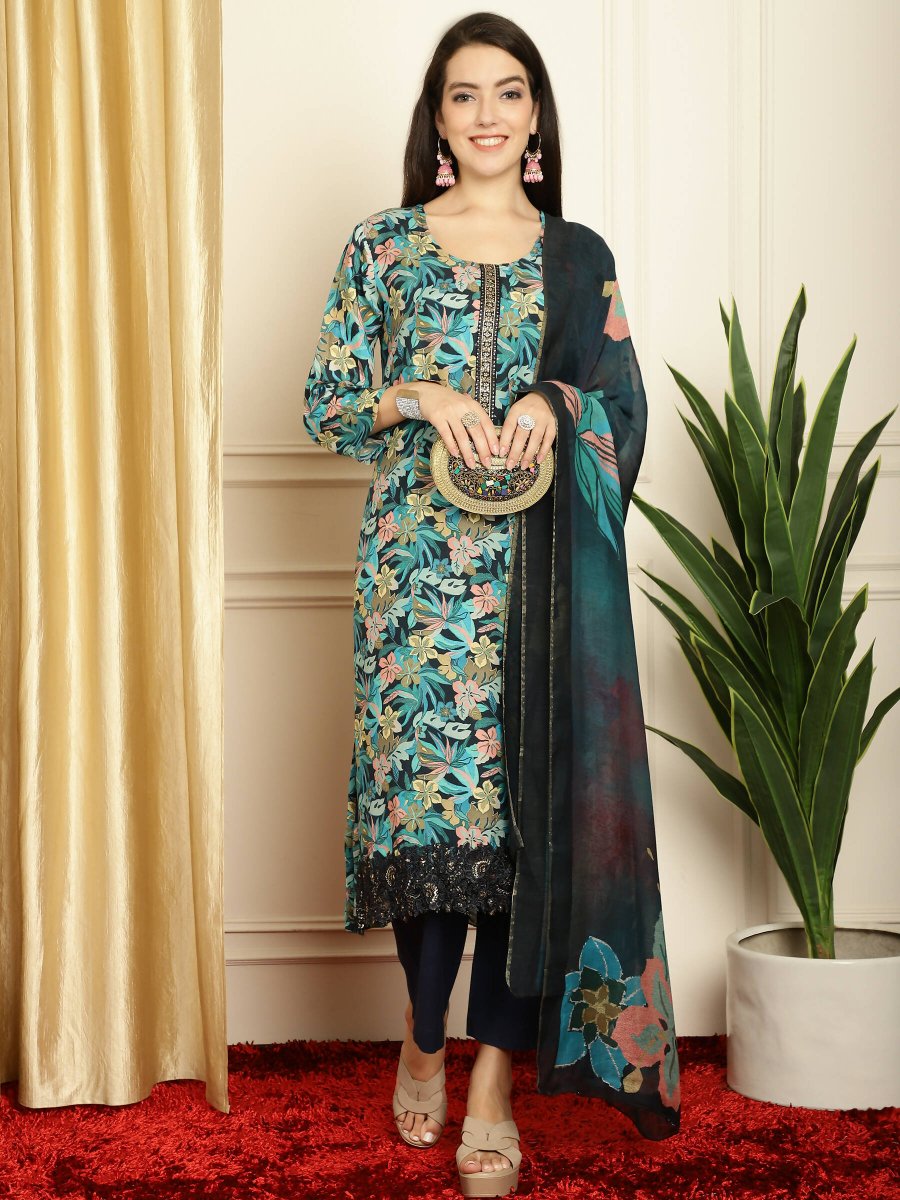 Aastha Fashion Women's Navy Blue Muslin Digital Printed with Embroidered Lace work Kurta with Trouser & Dupatta - Grab2buy