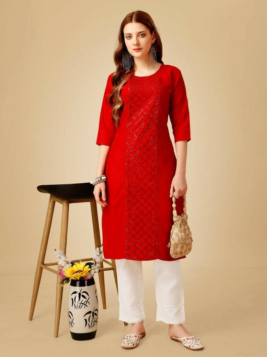 Aastha Fashion Women's Red Cotton Blend Embroidered Kurta Pant Set - Grab2buy