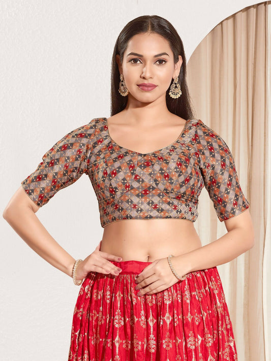 Joban Fashion Grey Jacquard Padded Blouse With Round Neck Elbow Sleeves