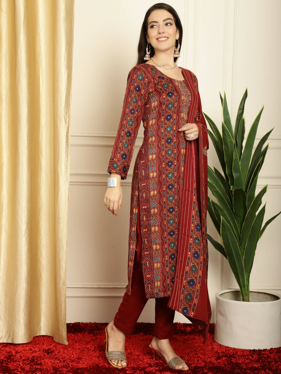 Aastha Fashion Women's Maroon Pashmina Floral Digital Printed Kurta with Trouser & Dupatta - Grab2buy
