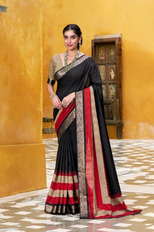 PR Fashion Black Poly Cotton Printed With Zari Weaving Work Saree