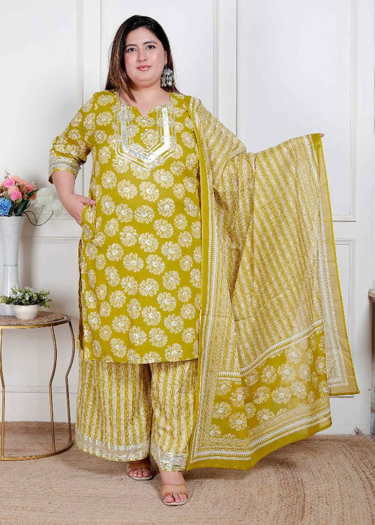 Miravan Plus Size Women'S Lime Yellow Embroidered Straight Kurta With Palazzo And Dupatta