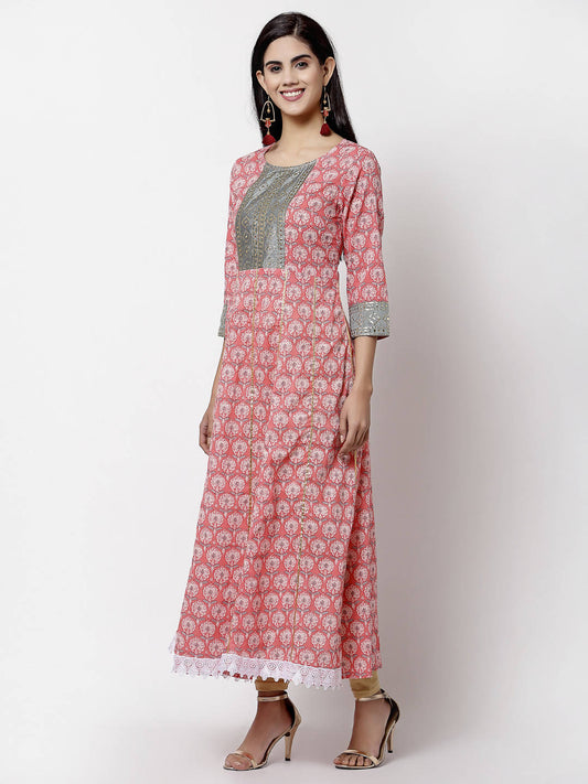 Myshka 3/4 Sleeve Pure Cotton Round Neck Printed Dress For Women