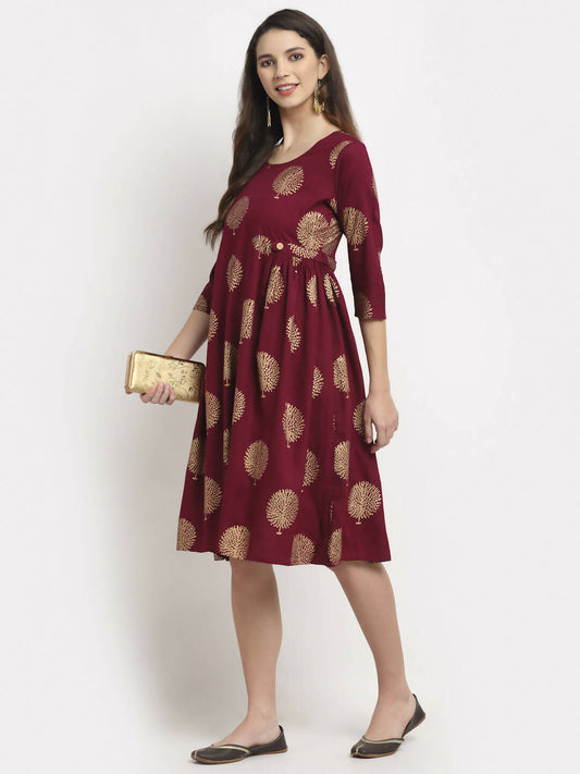 Rudra Bazaar Gold Boota Printed Wine Kurti