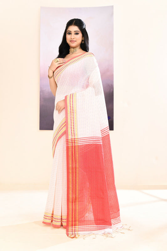 Piyari Fashion Women's White Embellished Cotton Blend Jamdani Saree