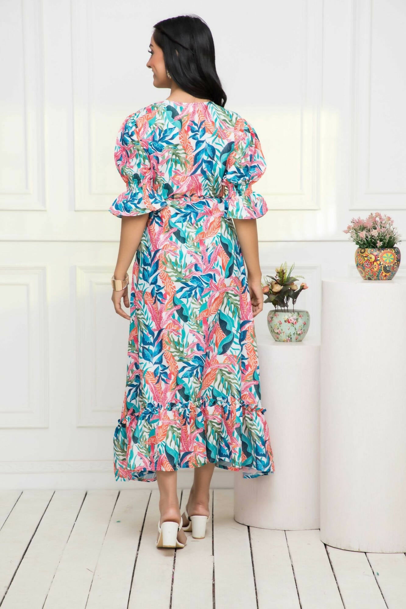 Myshka Women Multi Floral Polyester A-Line V-Neck Dress - Grab2buy