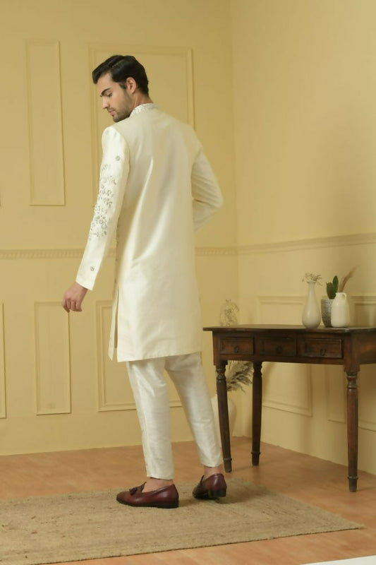 Cream Embroidered And Zardozi Work Sherwani by Hilo Design