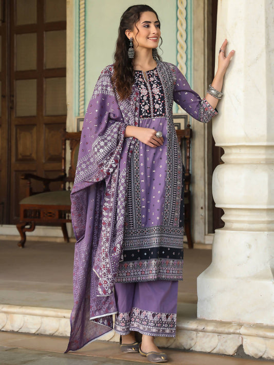 Juniper Women's Lavender Cambric Geometric Printed Mix And Match Kurta Palazzo And Dupatta Set