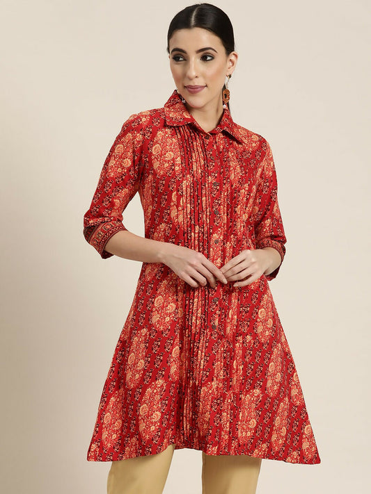 Juniper Red Ethnic Motif Printed Rayon A-Line Kurta with Buttons