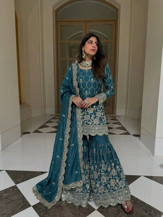 Teeya Creation New Trendy Latest Designer Embroidery Sharara Kurta Set -Teal